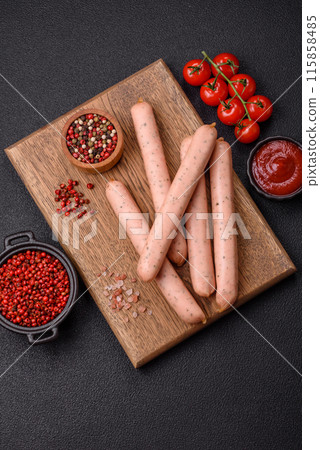 Vegan or vegetarian sausages made from meat substitutes 115858485