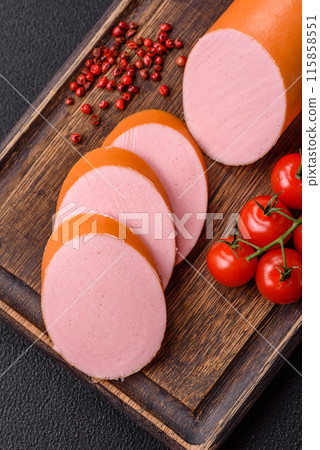 Boiled vegan or vegetarian sausage made from meat substitutes Boiled vegan or vegetarian sausage made from meat substitutes 115858551