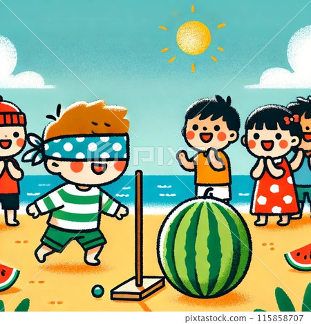 插畫素材:夏天孩子們在海邊玩劈西瓜的插畫 插畫素材:夏天孩子們在海邊玩劈西瓜的插畫 115858707