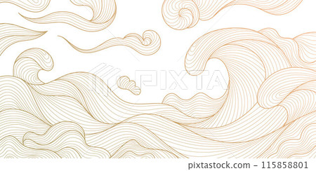 Vector line wave japanese pattern, sea texture illustration. Vintage asian background, water ocean wallpaper. Nature oriental ornament, gold on white hand drawn poster. Vector line wave japanese pattern, sea texture illustration. Vintage asian background, water ocean wallpaper. Nature oriental ornament, gold on white hand drawn poster. 115858801