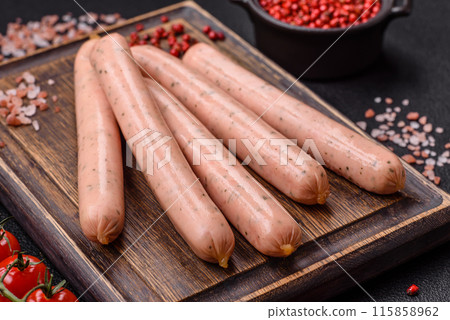 Vegan or vegetarian sausages made from meat substitutes 115858962