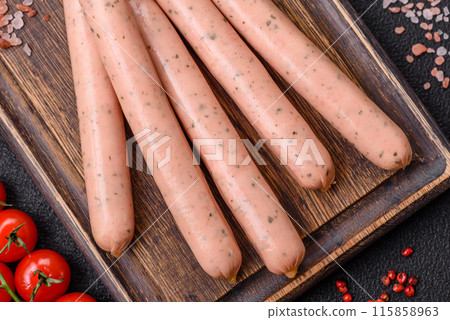 Vegan or vegetarian sausages made from meat substitutes 115858963