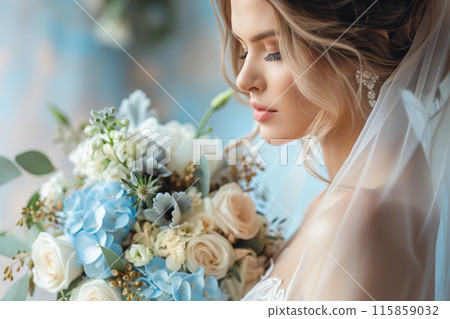 Bride leaning close to bouquet 115859032