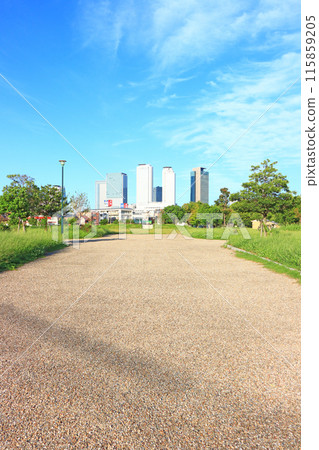 愛知縣名古屋市米野公園和名古屋車站前的摩天大樓風景 115859205