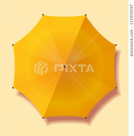 Yellow umbrella top view summer sunshade beach parasol isolated on beige background 115859297