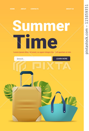 Summer travel suitcase tropical leaves beach bag yellow background 115859351