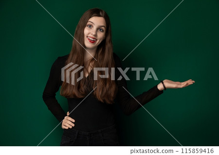 Woman in Black Dress Holding Out Her Arms Woman in Black Dress Holding Out Her Arms 115859416