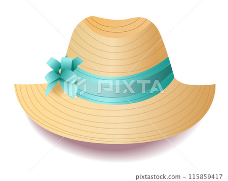 Straw hat with wide brim blue ribbon and bow summer fashion accessory isolated on white 115859417
