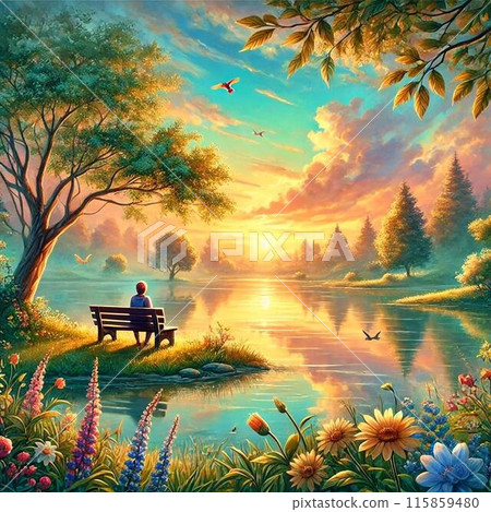 一個男人坐在長凳上看著美麗的湖泊 一個男人坐在長凳上看著美麗的湖泊 115859480