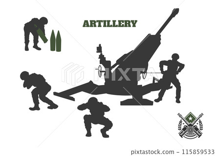 Artillery division isolated silhouette. Military scene with soldiers and cannon. Heavy gun troops banner. Modern war black background Artillery division isolated silhouette. Military scene with soldiers and cannon. Heavy gun troops banner. Modern war black background 115859533