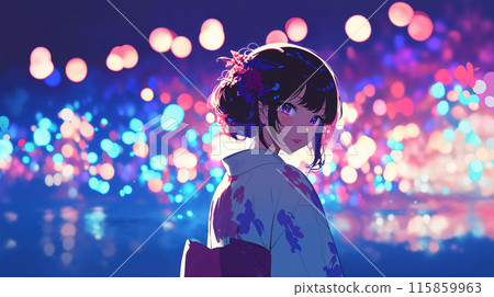 回顧的yukata的一名婦女 115859963