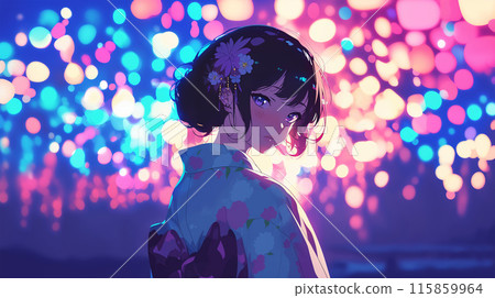 回顧的yukata的一名婦女 115859964
