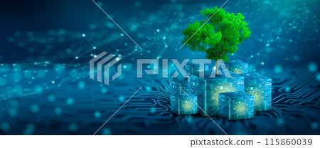 Tree growing on Circuit Digital Cube. Digital and Technology Convergence. Blue light and Wireframe network background. Green Computing, Green Technology, Green IT, csr, and IT ethics Concept. 115860039