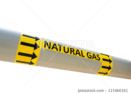 Natural gas pipeline isolated on white background. Pipe with gas flow direction sign Natural gas pipeline isolated on white background. Pipe with gas flow direction sign 115860161