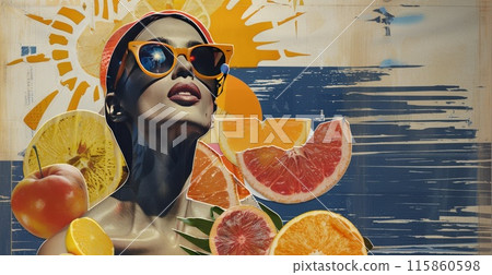 Collage with woman. Retro tropical fashion with female portrait. Vintage art floral pop design. Abstract dream femininity artwork. Glamour model. Surrealism summer poster Collage with woman. Retro tropical fashion with female portrait. Vintage art floral pop design. Abstract dream femininity artwork. Glamour model. Surrealism summer poster 115860598