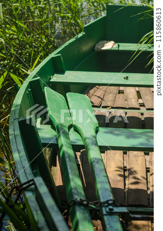 Green wood vintage boat with two paddles on the lake . High quality photo Green wood vintage boat with two paddles on the lake . High quality photo 115860613