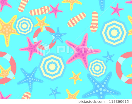 Summer beach seamless pattern with starfish, beach umbrellas and inflatable rings for swimming. Summer time. Beach top view for wallpapers, wrappers, covers, banners and posters. Vector illustration 115860615