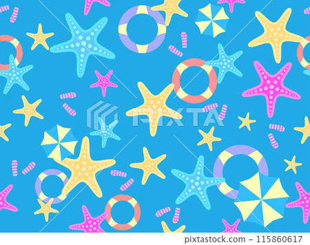 Summer beach seamless pattern with starfish, beach umbrellas and inflatable rings for swimming. Summer time. Beach top view for wallpapers, wrappers, covers, banners and posters. Vector illustration 115860617