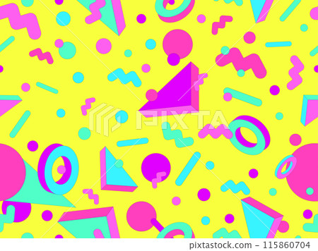 Geometric seamless pattern in 80s style. Colorful geometric pattern with isometric geometric 3D shapes. Design of promotional products, wrapping paper and printing. Vector illustration 115860704