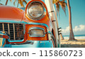 Surf trip with surfboard and vintage car 115860723