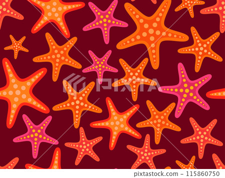 Starfish seamless pattern. Colorful sea stars. Abstract background with starfish in a minimalist style for printing wallpapers, wrappers, banners and posters. Vector illustration Starfish seamless pattern. Colorful sea stars. Abstract background with starfish in a minimalist style for printing wallpapers, wrappers, banners and posters. Vector illustration 115860750