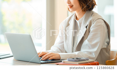 Smiling business woman using a computer Smiling business woman using a computer 115860828