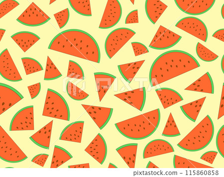 Watermelon seamless pattern. Triangular slices of watermelon. Sliced watermelon slices, tropical summer background. Design for wallpapers, wrappers, covers and banners Watermelon seamless pattern. Triangular slices of watermelon. Sliced watermelon slices, tropical summer background. Design for wallpapers, wrappers, covers and banners 115860858