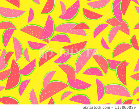 Watermelon seamless pattern. Triangular slices of watermelon. Sliced watermelon slices, tropical summer background. Design for wallpapers, wrappers, covers and banners Watermelon seamless pattern. Triangular slices of watermelon. Sliced watermelon slices, tropical summer background. Design for wallpapers, wrappers, covers and banners 115860859