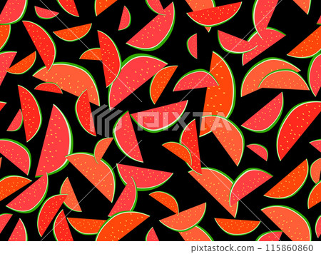 Watermelon seamless pattern. Triangular slices of watermelon. Sliced watermelon slices, tropical summer background. Design for wallpapers, wrappers, covers and banners Watermelon seamless pattern. Triangular slices of watermelon. Sliced watermelon slices, tropical summer background. Design for wallpapers, wrappers, covers and banners 115860860