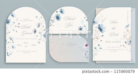 Wedding arch Invitation Card Design with watercolor elegant Wildflowers and herbs. 115860879