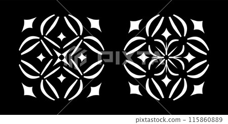 Geometric White Patterns Set on Black Background. 115860889