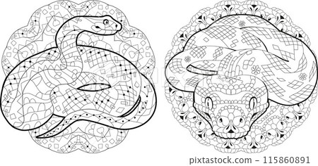 Zentangle snakes for coloring pages. Hand drawn decorative vector illustration. Zentangle snakes for coloring pages. Hand drawn decorative vector illustration. 115860891