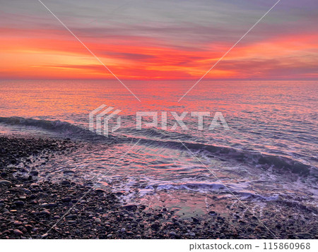 Bright sunset sky with cloud and sea beach. Nature travel background Bright sunset sky with cloud and sea beach. Nature travel background 115860968