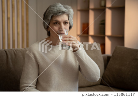 Senior Woman Drinking Water On Couch At Home In Evening 115861117