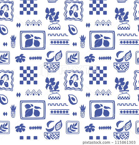 Blue tile summer seamless pattern. Abstract checkered elements, framed fruits. Vector mosaic background Blue tile summer seamless pattern. Abstract checkered elements, framed fruits. Vector mosaic background 115861303