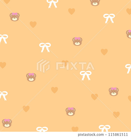 Illustration of teddy bear, ribbon, heart on a pastel orange background for fabric, animal print, wallpaper, backdrop, kid cloth, picnic, spring, summer, cute pattern, textile, garment, toddler, baby 115861511