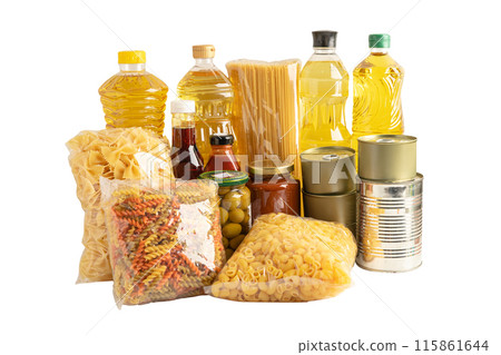 Foodstuff for donation isolated on white background with clipping path, storage and delivery. Various food, pasta, cooking oil and canned food in cardboard box. Foodstuff for donation isolated on white background with clipping path, storage and delivery. Various food, pasta, cooking oil and canned food in cardboard box. 115861644