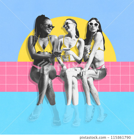 Contemporary art collage. Women, their swimsuits seamlessly blending with vibrant poolside landscape, enjoy drinks together. Poolparty. Contemporary art collage. Women, their swimsuits seamlessly blending with vibrant poolside landscape, enjoy drinks together. Poolparty. 115861790