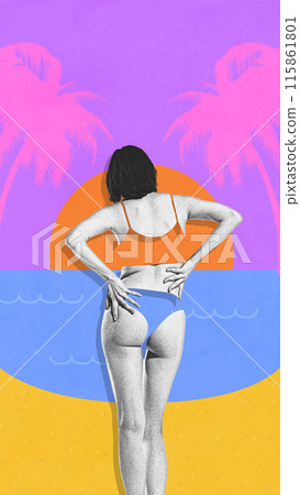 Contemporary art collage. Woman stands at beach, her swimsuit seamlessly blending with vibrant ocean and sunset landscape. 115861801