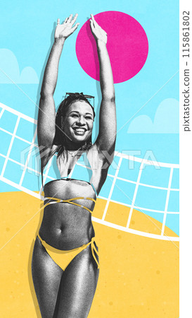 Contemporary art collage. woman enjoys sunny day at beach, playing volleyball, and her swimsuit made from vibrant landscape. Contemporary art collage. woman enjoys sunny day at beach, playing volleyball, and her swimsuit made from vibrant landscape. 115861802