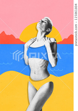 Contemporary art collage. Woman stands confidently, her swimsuit made from vibrant beach landscape, basking in warmth of sun. 115861804