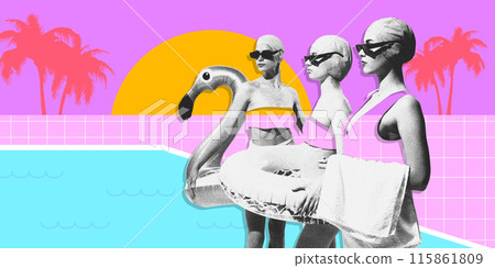 Contemporary art collage. Women, in swimsuits made from vibrant poolside scene, pose with flamingo float. Their attire blends seamlessly with retro-inspired summer backdrop. Contemporary art collage. Women, in swimsuits made from vibrant poolside scene, pose with flamingo float. Their attire blends seamlessly with retro-inspired summer backdrop. 115861809
