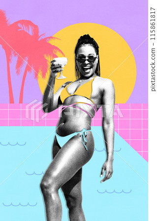 Contemporary art collage. woman in swimsuit, seamlessly integrated with vibrant poolside landscape, toasts with drink under palm trees and setting sun. Contemporary art collage. woman in swimsuit, seamlessly integrated with vibrant poolside landscape, toasts with drink under palm trees and setting sun. 115861817