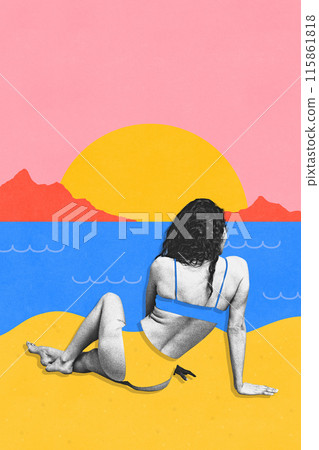Contemporary art collage. Woman in a swimsuit made from beach landscape lounges on sand, gazing at sunset over serene ocean. Contemporary art collage. Woman in a swimsuit made from beach landscape lounges on sand, gazing at sunset over serene ocean. 115861818