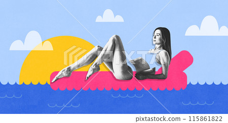 Contemporary art collage. Perfect vacation moment. Relaxing on bright pink float, woman in swimsuit lounges on serene ocean. Contemporary art collage. Perfect vacation moment. Relaxing on bright pink float, woman in swimsuit lounges on serene ocean. 115861822