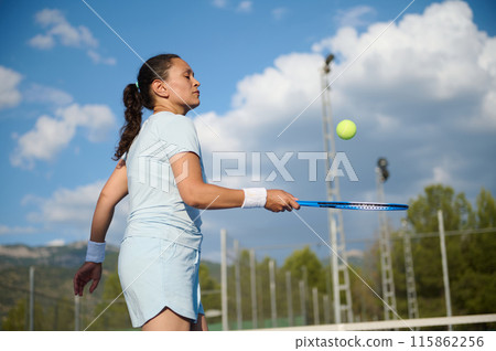Woman in her 40s playing tennis on the court on a sunny day Woman in her 40s playing tennis on the court on a sunny day 115862256