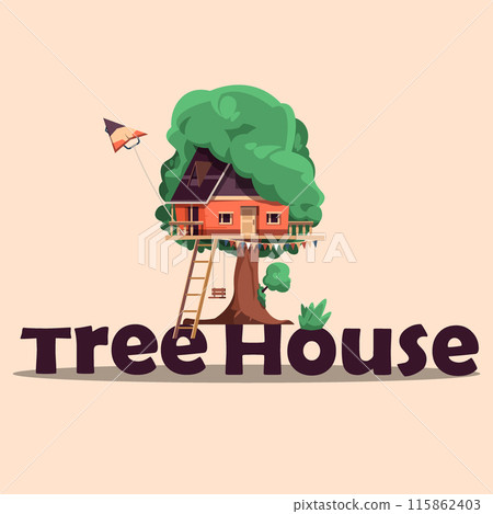 Children tree house. Small home. Cozy building on forest wood branch. Summer cabin with rope or wooden ladders. Playground hut for kids playing. Vector kindergarten playhouse banner Children tree house. Small home. Cozy building on forest wood branch. Summer cabin with rope or wooden ladders. Playground hut for kids playing. Vector kindergarten playhouse banner 115862403