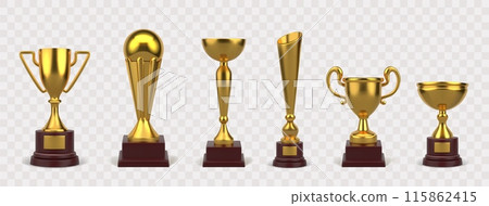 Winner cup. Gold soccer champion award, 3d golden goblet or prize for sport win, victory confetti on tournament. Realistic isolated elements different forms. Success competition vector concept Winner cup. Gold soccer champion award, 3d golden goblet or prize for sport win, victory confetti on tournament. Realistic isolated elements different forms. Success competition vector concept 115862415