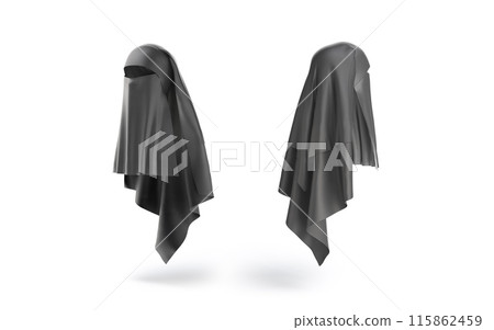 Blank black female niqab mockup, back side view Blank black female niqab mockup, back side view 115862459