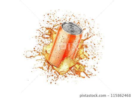 Blank orange aluminum 330 ml soda can with drops splash mockup 115862468